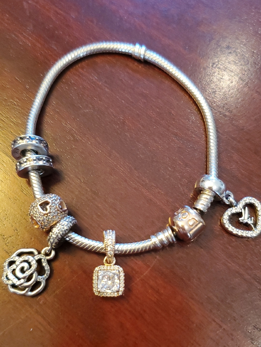 Pandora Two-Tone Rose Tone Silver Charm Bracelet with Rose Heart and Pave Square
